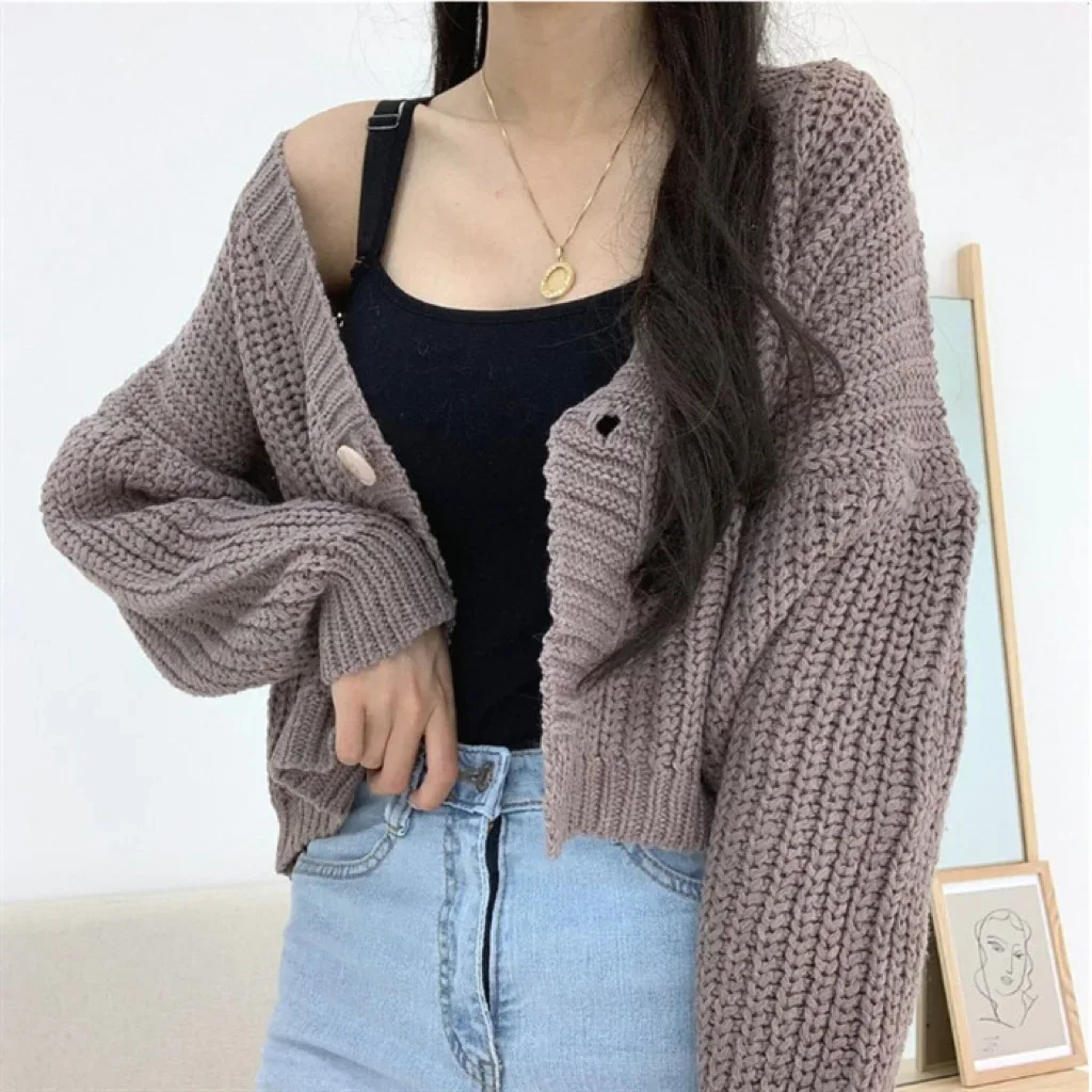 New Sweet Loose Outer Short Long Sleeve One Button Women's Knitted Cardigan Fashion