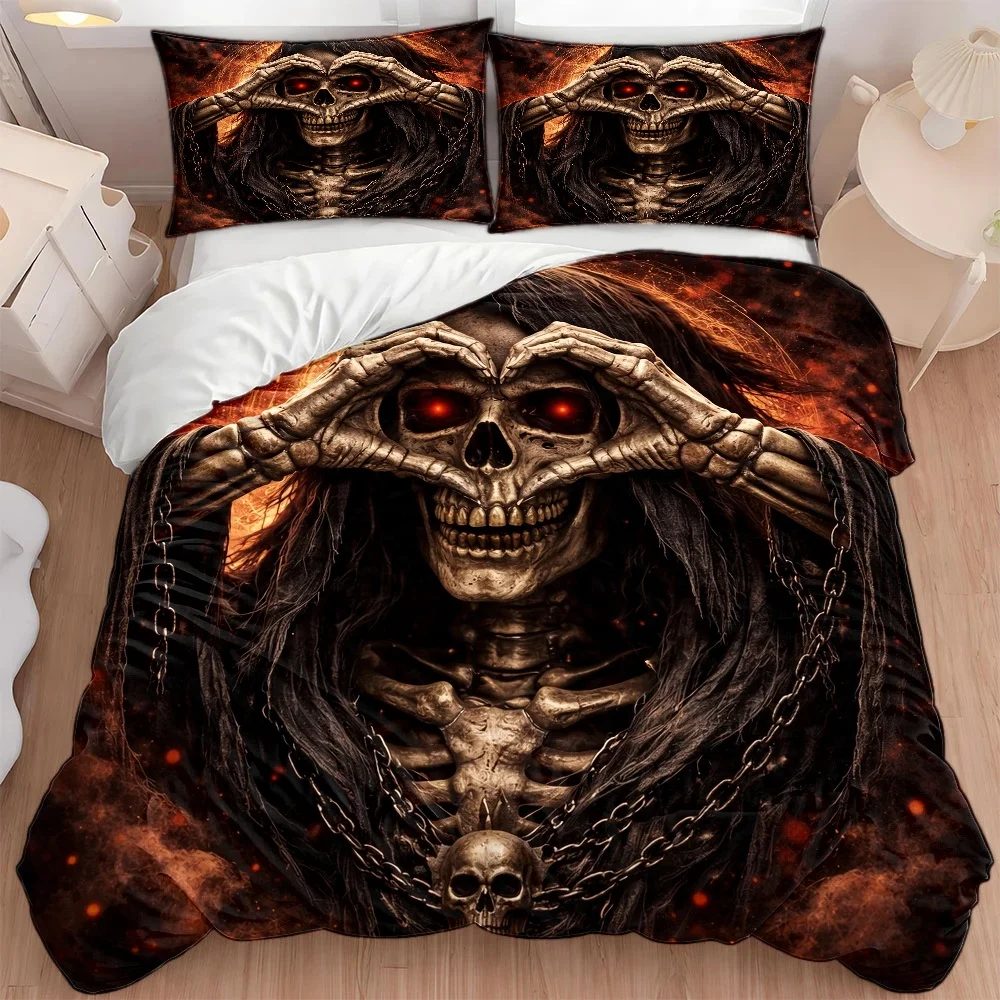 3Pc Dark Gothic Skull and Heart Print Duvet Cover Set, Three-Piece Bedding Set (1*Duvet Cover + 2*Pillowcases), Suitable for All Seasons, Machine Washable, Hidden Zipper Design, Large Double Bed Cover Set, Suitable for Home, Dorm, Master Bedroom, Guest Room, Personalized Gothic Style Bedding, Halloween Themed Bedding, Retro Dark Style Bedding Set, Three-Piece Bedding Set, Skull Element Bedding Set, Trendy Dark Style Duvet Cover Combination, Easy to Clean and Durable