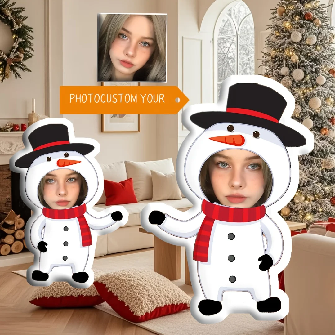 A Custom Funny Face Throw Pillow - Personalized Christmas Snowman Design Featuring a Red Hat And Scarf, Perfect for Holiday Deco