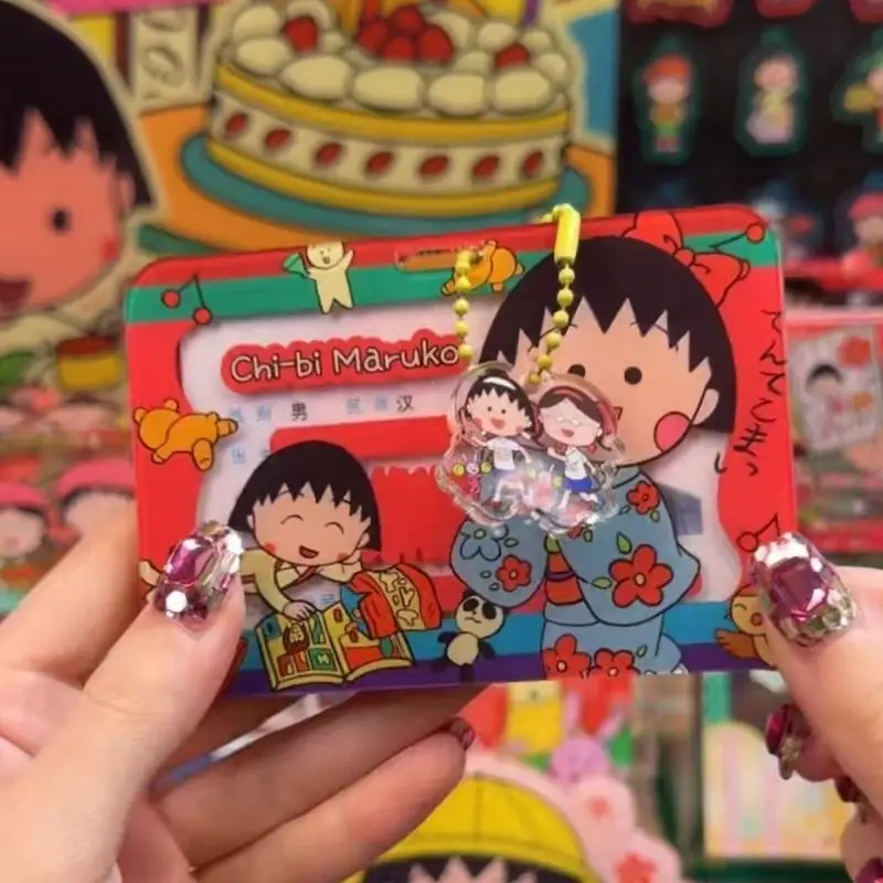Chibi Maruko-Chan Cartão PVC Capa Protetora, Zipper Pingente, Anti-Perda Cartão de Manga, Casal Cartão de Refeição Ônibus, Decorativo