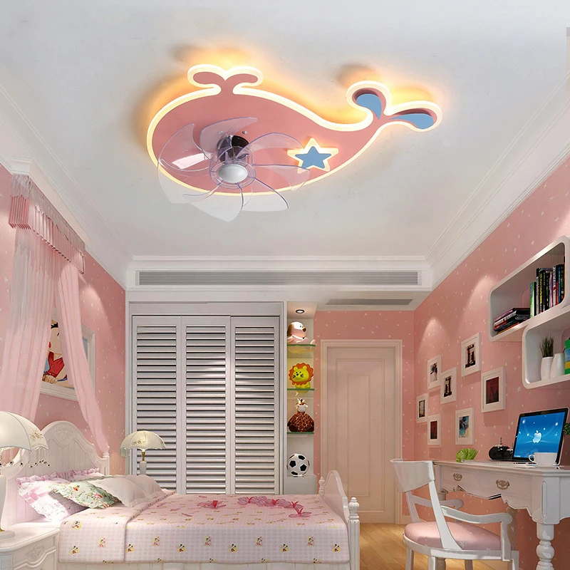 Children's room Ceiling Fan Light Bedroom Invisible Variable Frequency Fan Integrated Electric Pink Fan Ceiling Lamp For Girls