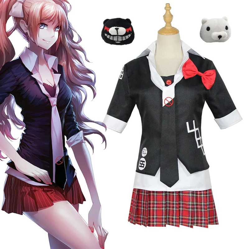 Danganronpa Enoshima Junko Cosplay Costume Students JK Skirt Uniform Halloween Cafe Work Sexy Suit Red Nail Sticker Wig Clothing