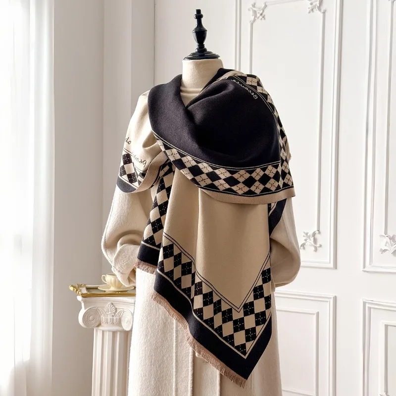 

Winter new scarf women checkered elegant neck warmer double-sided cashmere-like premium warmth long shawl