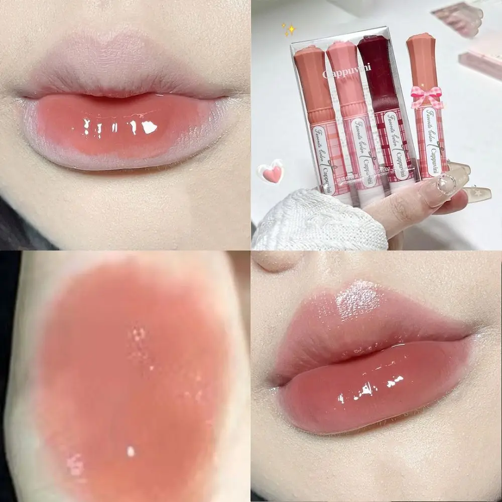 Portable Cute Bow Mirror Water Lip Gloss Moisturizing Waterproof Jelly Lipstick Long Lasting Translucent Lip Glaze Lip Makeup