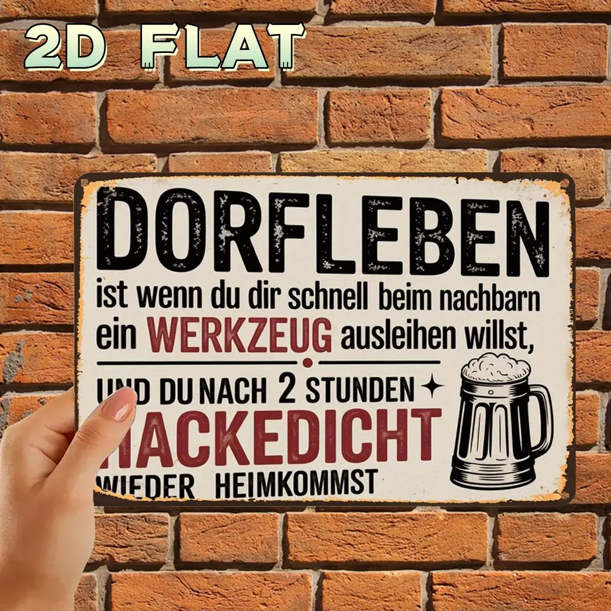 2D Flat Surface, 2D Flat Surface, 1 Piece, Retro Nostalgic Country Style German Humorous Beer Mug Design Metal Tin Sign, with Pre-Drilled Holes, Suitable for Indoor, Garden, Outdoor, Bathroom Decoration, 2D Flat Surface