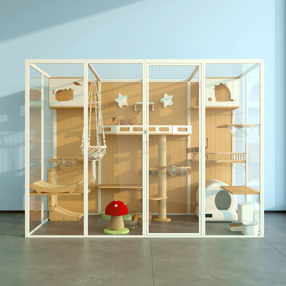 

Luxury Customizable Pet House With Wood Board Tempered Glass Large Space Cat Villa U.S. And European Standards