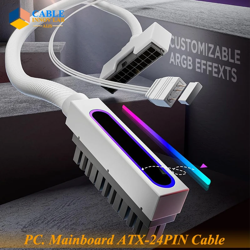 

Left Angle 24PIN PC PSU Extension Cable ARGB LED Copper Wire Motherboard Power Extension Cable Integrated Design