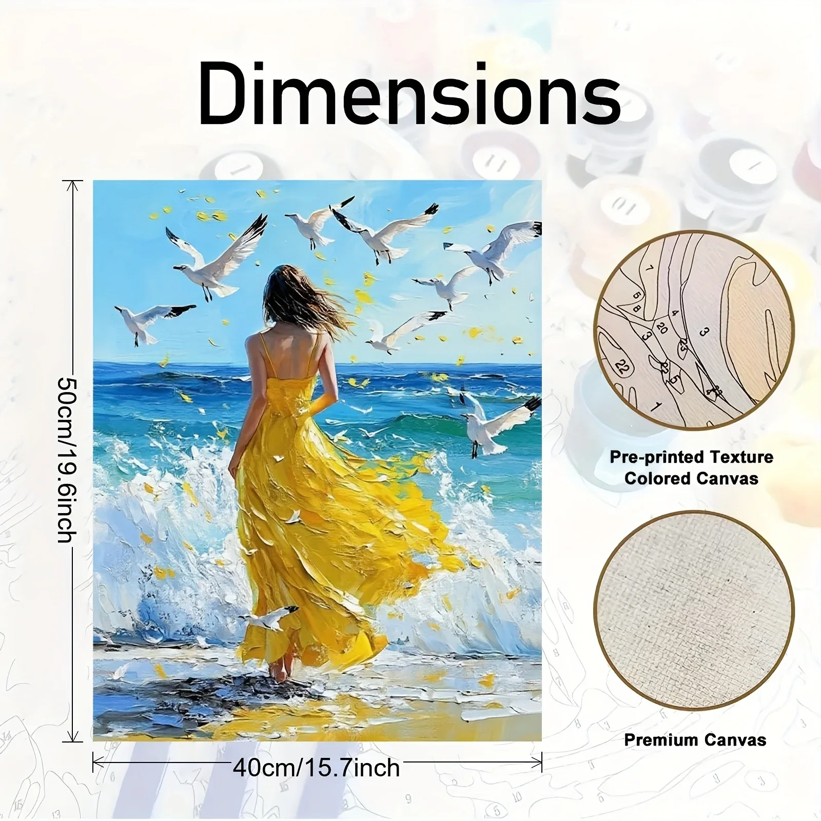 Professional Art Use 1pc Paint by Numbers Kit, Woman in Yellow Dress Chasing Waves on The Beach with Seagulls Dancing, Beautiful