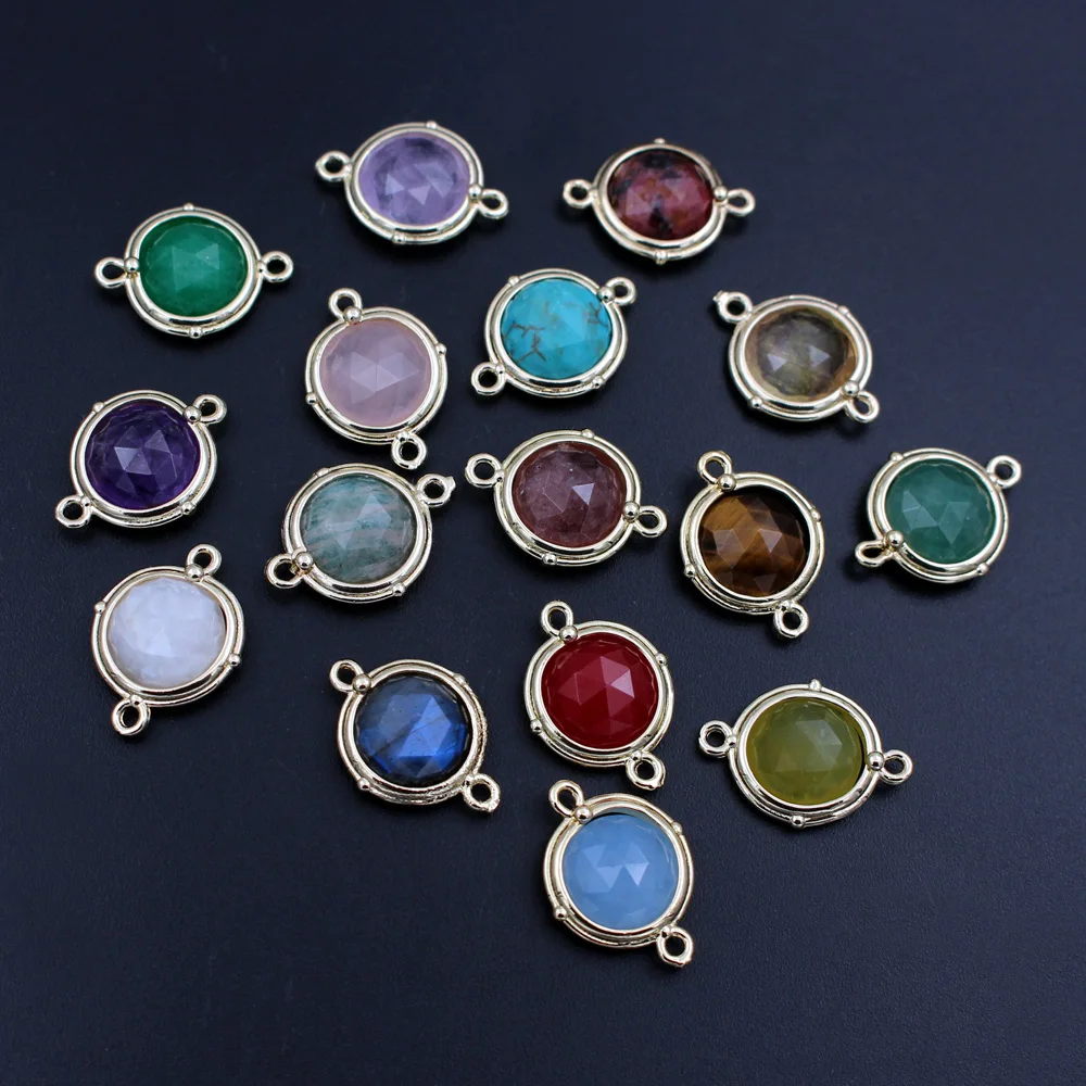 10pcs 14mm Natural Blue Labradorite Turquoise Stone Circle Pendant Charms 2 Loops Connectors DIY Bracelet Earrings Making