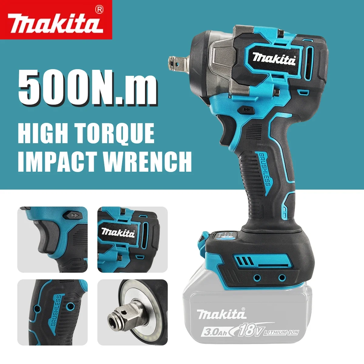 

Makita 18V 500Nm Brushless Impact Wrench Cordless High Torque Electric Power Tool for Large Vehicle Equipment Maintenance