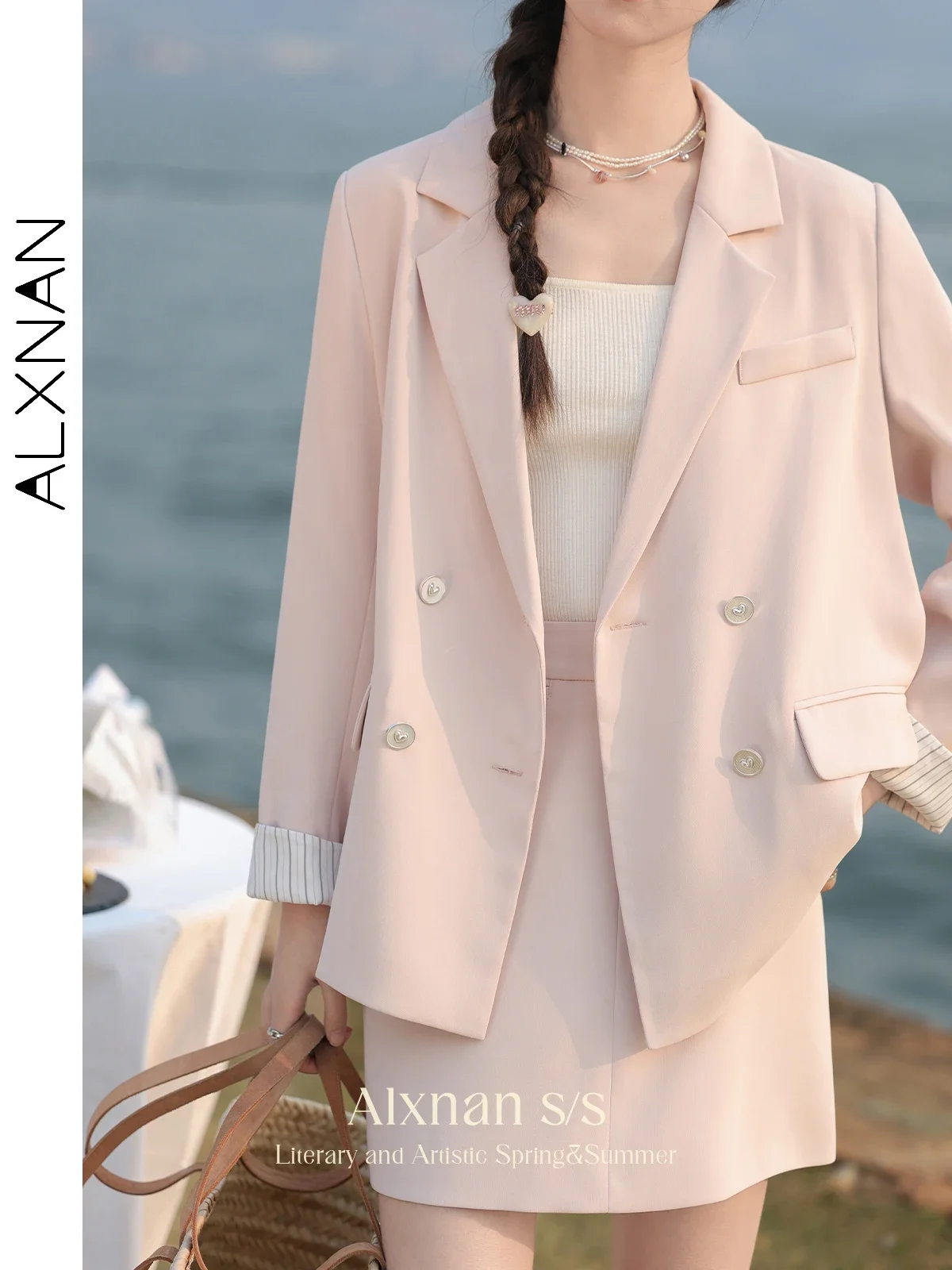 ALXNAN A-line Solid Mini Skirt for Women 2024 Autumn Fashion Commuter High Waisted Casual Pink Skirts Sold Separately L33771BQ