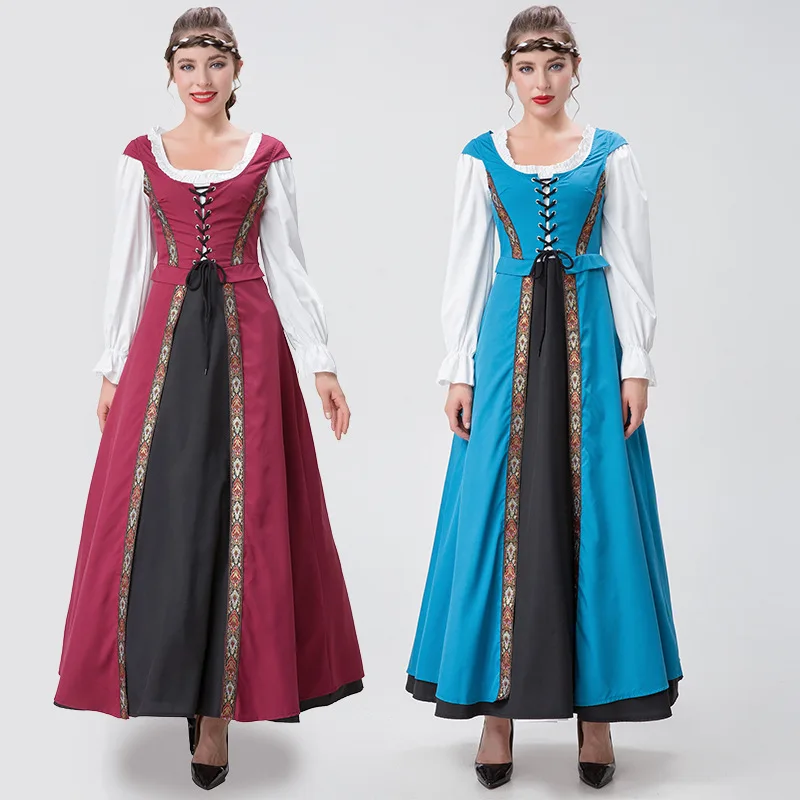 Robe de cour médiévale vintage pour femme, taille fine, robe à manches longues, costume de cosplay d'Halloween, jeu de scène, ensemble de 2 pièces