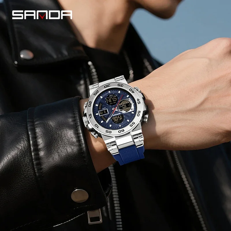 SANDA موضة جديدة متعددة الوظائف ساعة مضيئة شاشة مزدوجة الرياضة في الهواء الطلق 50 متر مقاوم للماء ساعة كوارتز إلكترونية للرجال montre