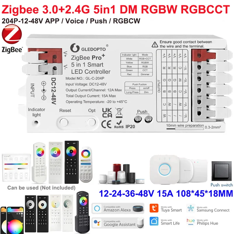 1-10GLEDOPTO Zigbee 3.0 Smart 5 in1 LED Controller DIMMER WW/CW RGB RGBWCCT Strips Works with 3.0 Hubs AC Triac Dimmer Alexa/APP
