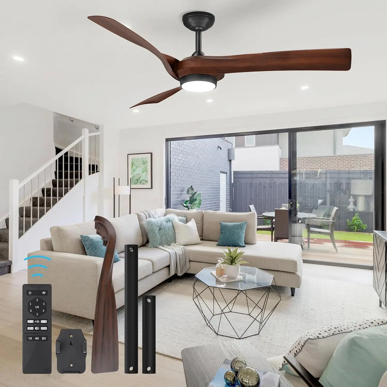 Ceiling Fans With Lights, 52 Inch 6 Speeds Ceiling Fan With 2 Downrods Remote Control Led Dimmable Reversible Modern Noiseless