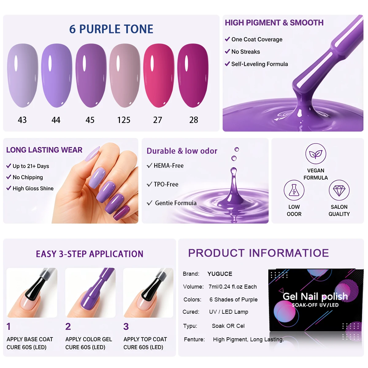 6색 퍼플 시리즈 젤 네일 폴리시 세트, UV LED  - Nail Art Violet 리뷰 및 가격