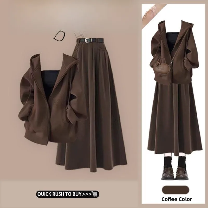 

American High Street Sle Hoodie Jaet Autumn Winter Open Cardigan High Waist A-Line Midi Skirt Set Faionable Ensemble