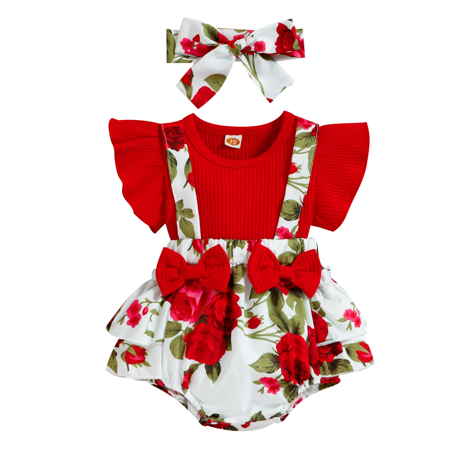 

Infant Baby Girl Outfits Set Summer Short Sleeve Bowknot Patchwork Donut/Flower Printed Ruffle Triangle Romper Headband