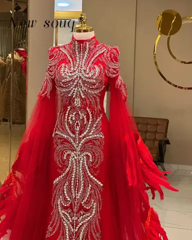 Röda muslimska kaftaner anpassade höghalsade fjädrar kristaller aftonklänningar mellanöstern formella festklänningar för bröllop arabiska 8 best sales Muslimsk aftonklänning - №2
