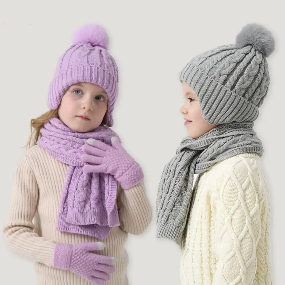 

Новая зимняя шапка, шарф, перчатки, комплект, От 3 до 10 лет, ветрозащитные вязаные шапки с помпоном, теплые утепленные шапки для шеи, детские уличные шапки