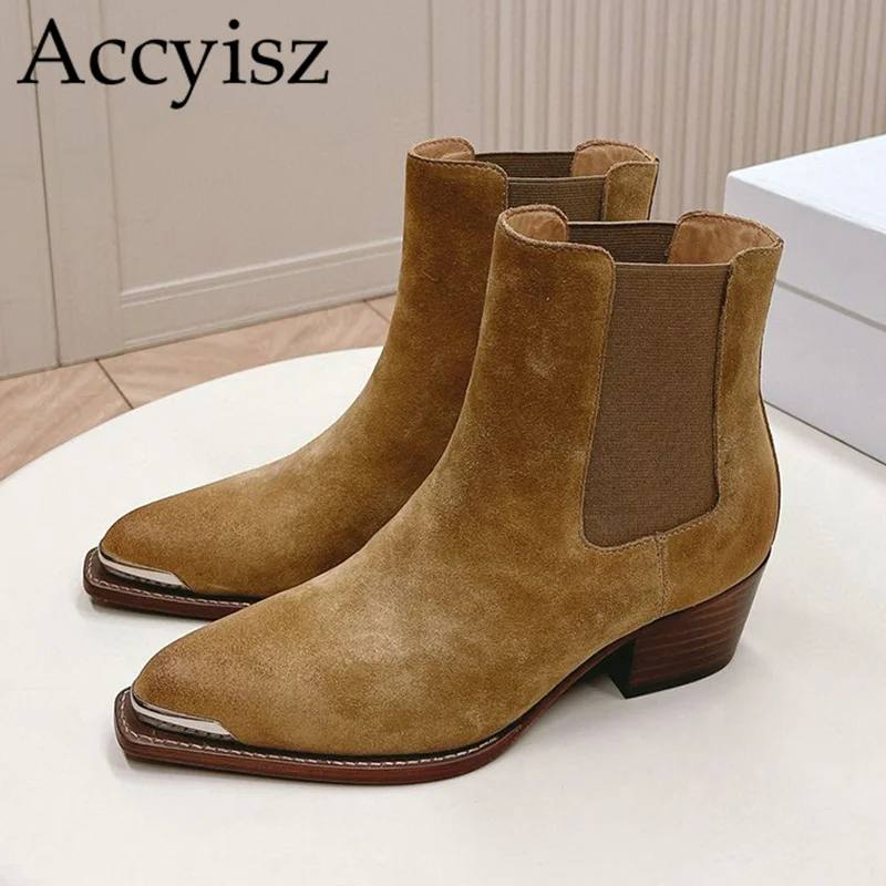 

Chunky High Heel Chelsea Boots Women Square Toe Kid Suede Metal Decor Ankle Botas Ladies Autumn Winter Shoes Retro Short Boots