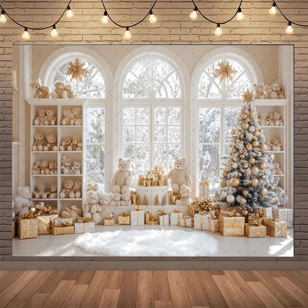 

Winter Christmas Photography Background Arch Door Xmas Tree Chic Wall Gift Indoor Decor Banner Kids Portrait Photocall Backdrops
