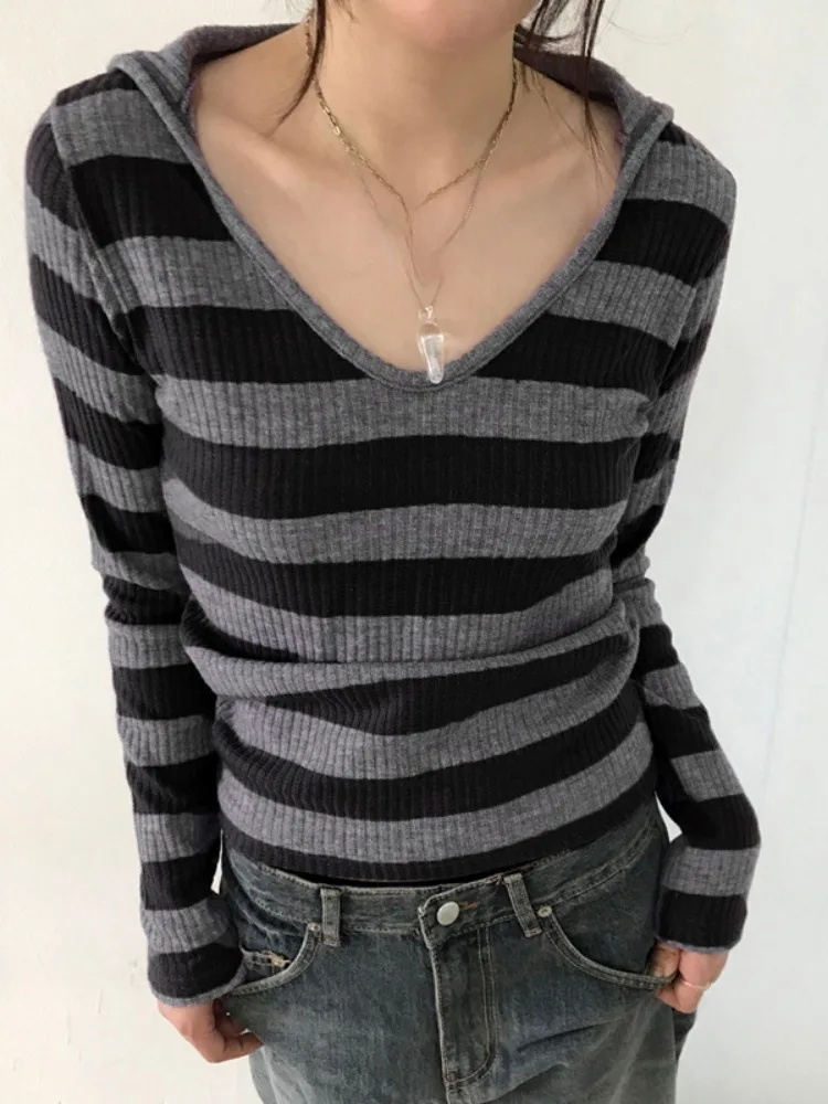 Striped Long Sleeve T-shirt Women Hooded Tops Vintage Bottoming Harajuku Y2k Aesthetic Casual Knitted Grunge Tees Streetwear