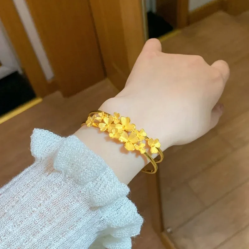 

24K Real Gold Premium Open Flower Bracelet 999 Pure Gold Super Fairy Apricot Leaf Apricot Flower Light Luxury Bracelet Woman