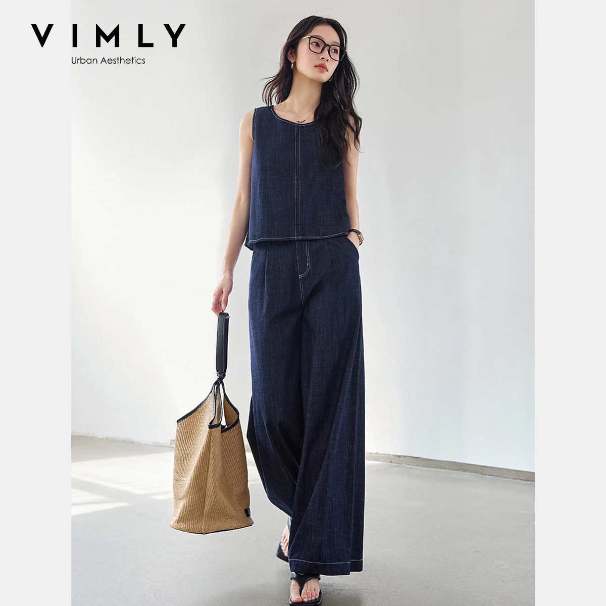 

VIMLY 2 Piece Pant Sets Lady Summer Denim Set Woman Outfits Cotton Denim Suit Women 2025 Sleeveless Tank Top Wide Leg Pant M9779