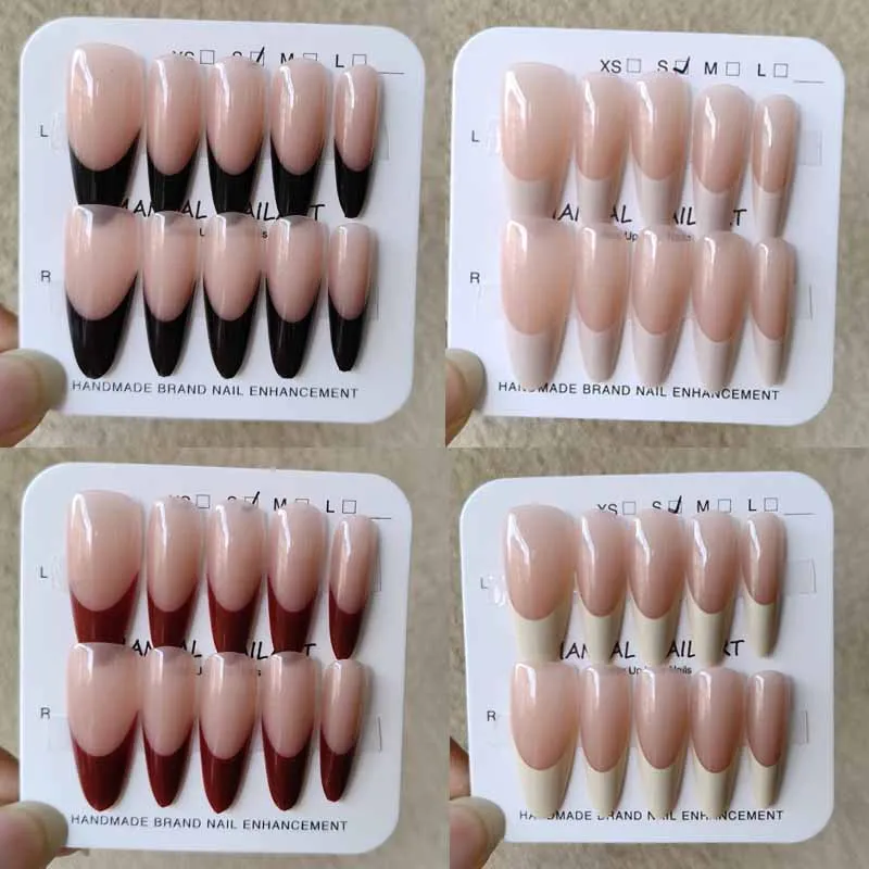 10Pcs Women Girls Color Blocking Splicing Red French Style Press on Nails Simple Long Almond Fake Nails Nails Tips Nail Art