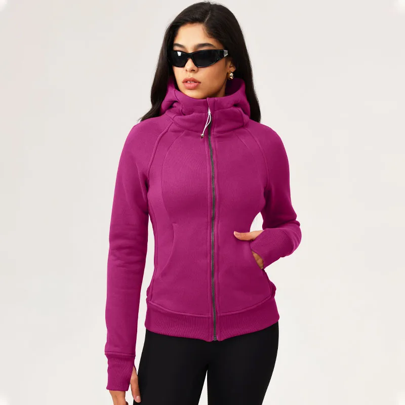 Fleece Warm Outdoor Sports Jacket For Women Front Zippered Tight Slimming Fit Winter Thermal Yoga Fitness Hooded Jacket Coat