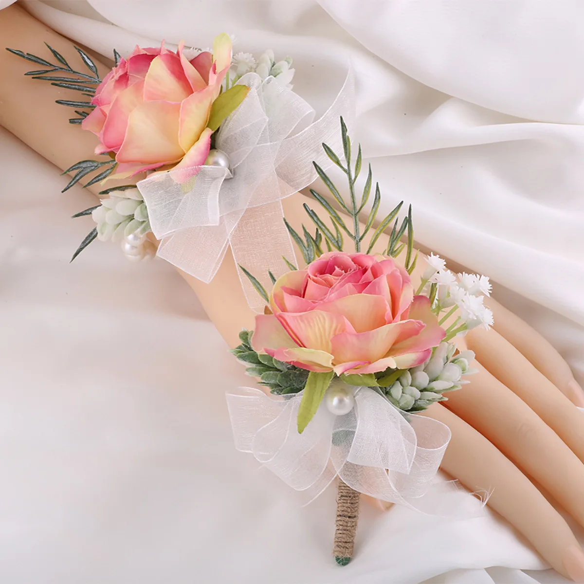 Alfileres de Lazo de cinta para boda para hombres, rosa de seda de marfil, flores artificiales, accesorios de decoración de graduación nupcial, traje de novio