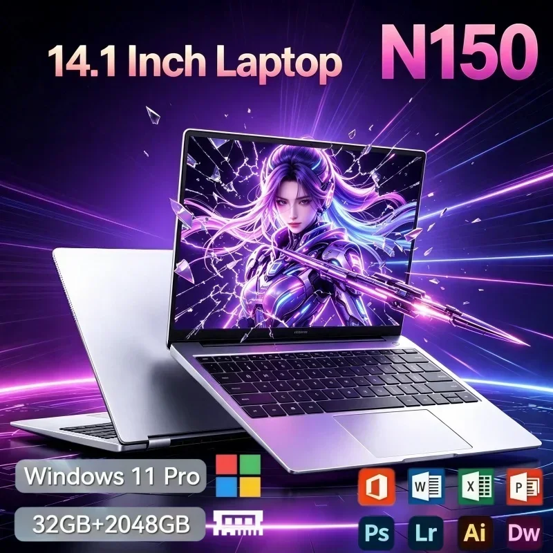 Portable 14.1'' Intel N150 Notebook PC 32GB RAM 1TB 2TB SSD Windows 11 Built‑in Office Home Gaming Laptops For Daily Work