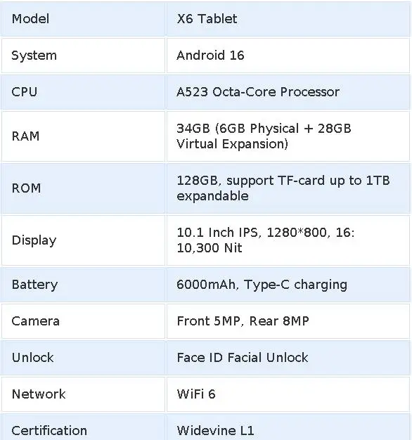 URAO X6 Android16 Tablet 10.1 Inch 34GB(6GB+28GB) RAM 128GB ROM Octa‑Core A523 CPU 1TB Expand 6000mAh Battery 1280x800 IPS Display Widevine L1 WiFi6 Tablet PC