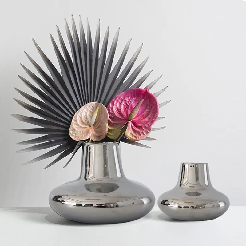 Nordic Ceramics Silver Plating Vase Home Flower Accessories Vase Living Room Wine Cabinet Decora Artwork Soft Outfit Ornaments