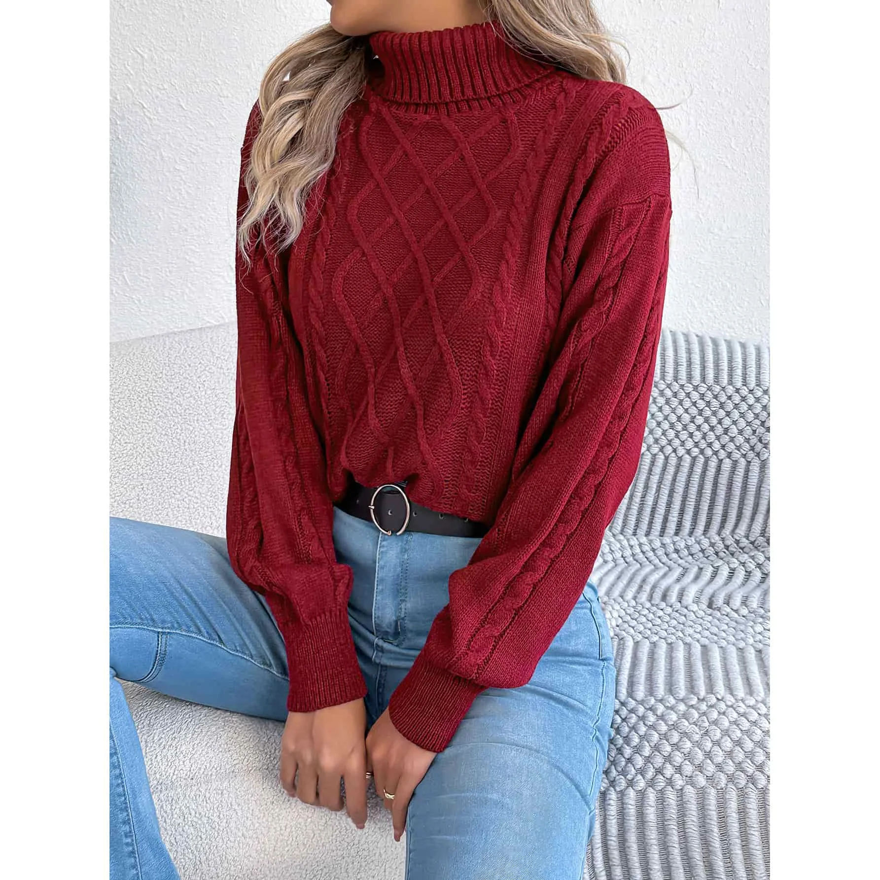 Loose for Fit Solid Color Cable Knit Sweater for Women Featuring Classic Argyle Design and Regular Length for Styling