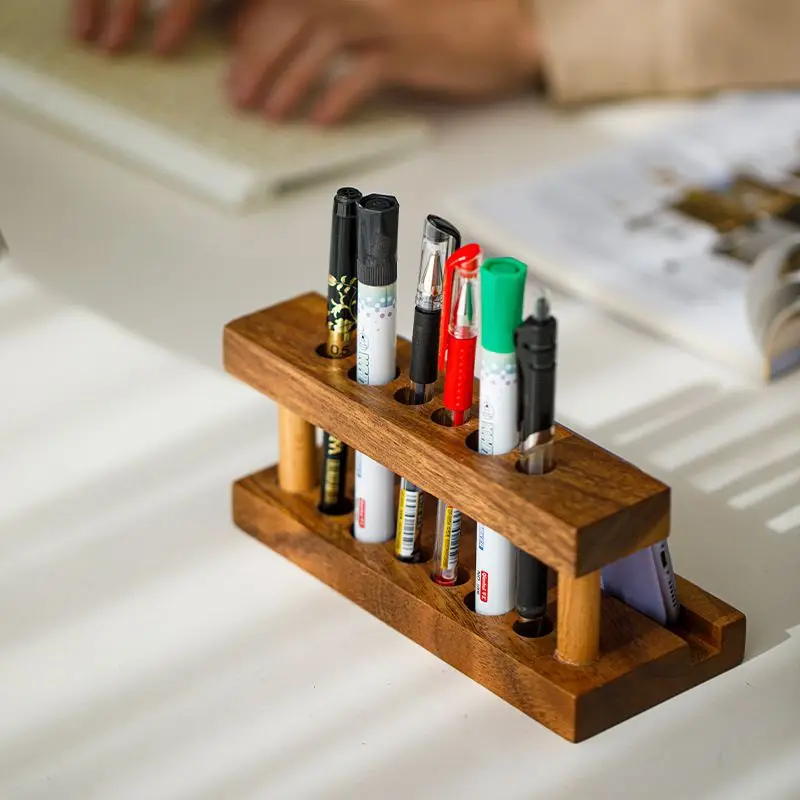 Wooden pen holder box office desktop high-value pen single storage walnut wooden pen holder mobile phone rack