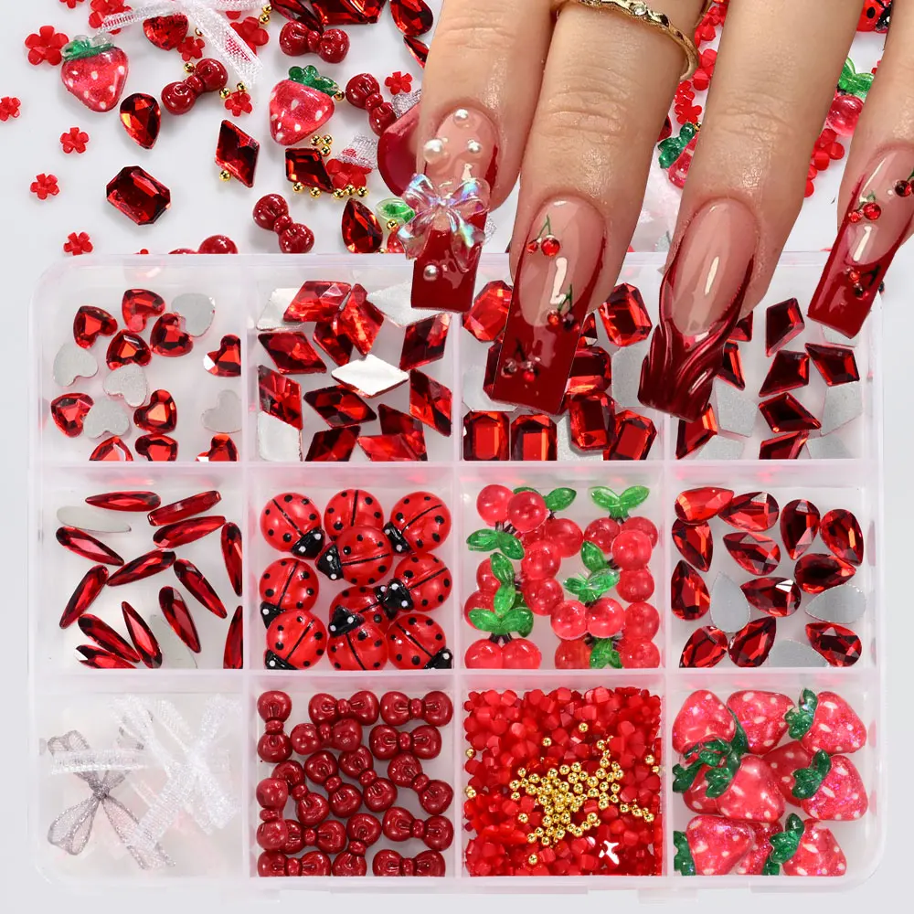 12 griglie multi-forme rosa rosa diamanti strass per unghie e resina fiocco rosa nastro ciondoli per unghie kawaii gemme posteriori piatte artigianato per unghie