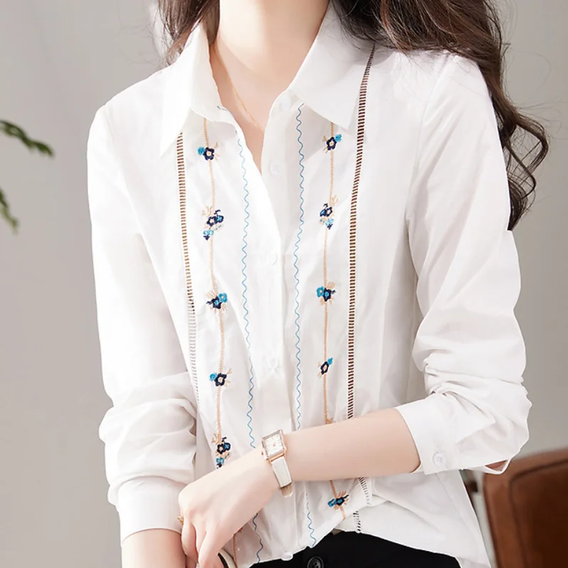 Classic Cotton White Printing Embroidery Single-breasted Blouse Women Loose Polo Collar Casual Office All-match Chiffon Shirt