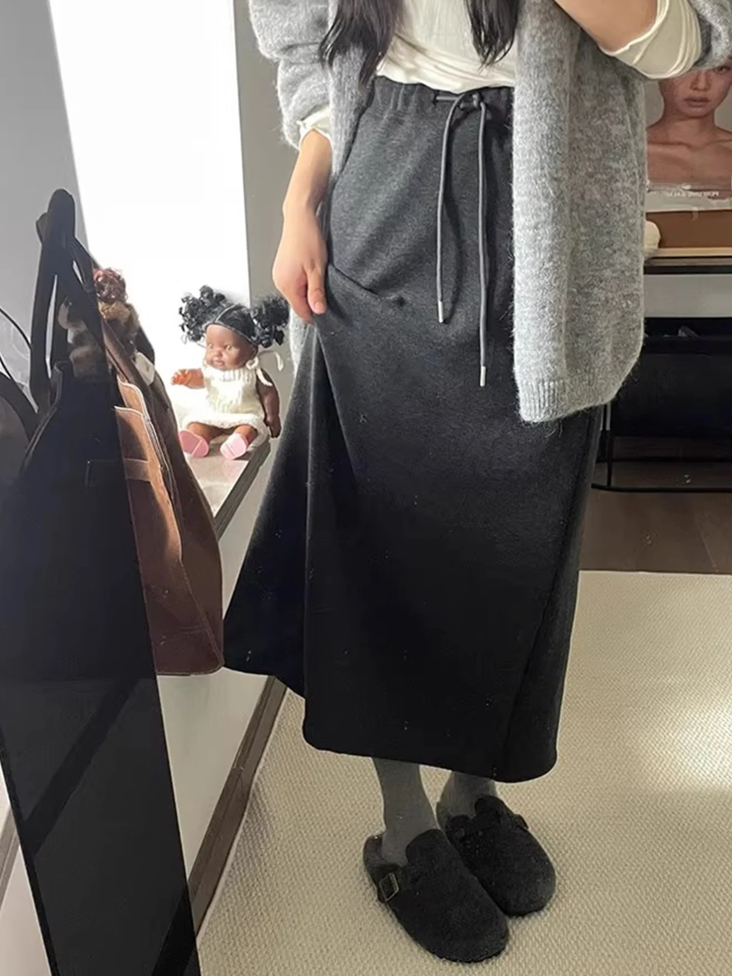 ay Simple Thiened Fce Dstring High Waist Slim Straight Tube Skirt Women's Autumn Winter Versatile Long Skirt