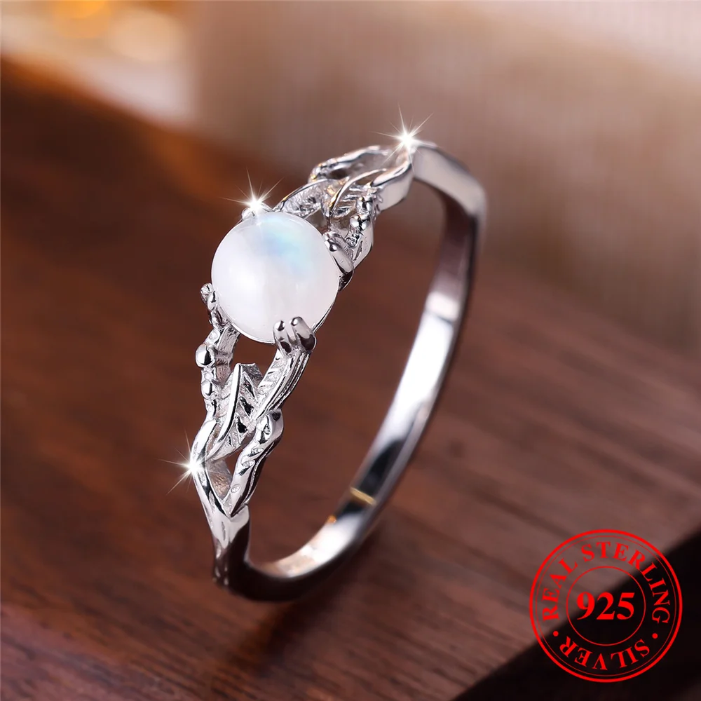 Cute Female Small Round Nature Moon Stone Round Ring Vintage Real 925 Sterling Silver Wedding Jewelry For Women