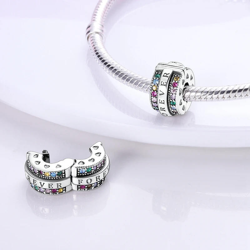 Fit Original Charms Beads 925 Sterling Silver Clip Charms Zircon Silicone Spacer Beads for Bracelet Women DIY Gift Party