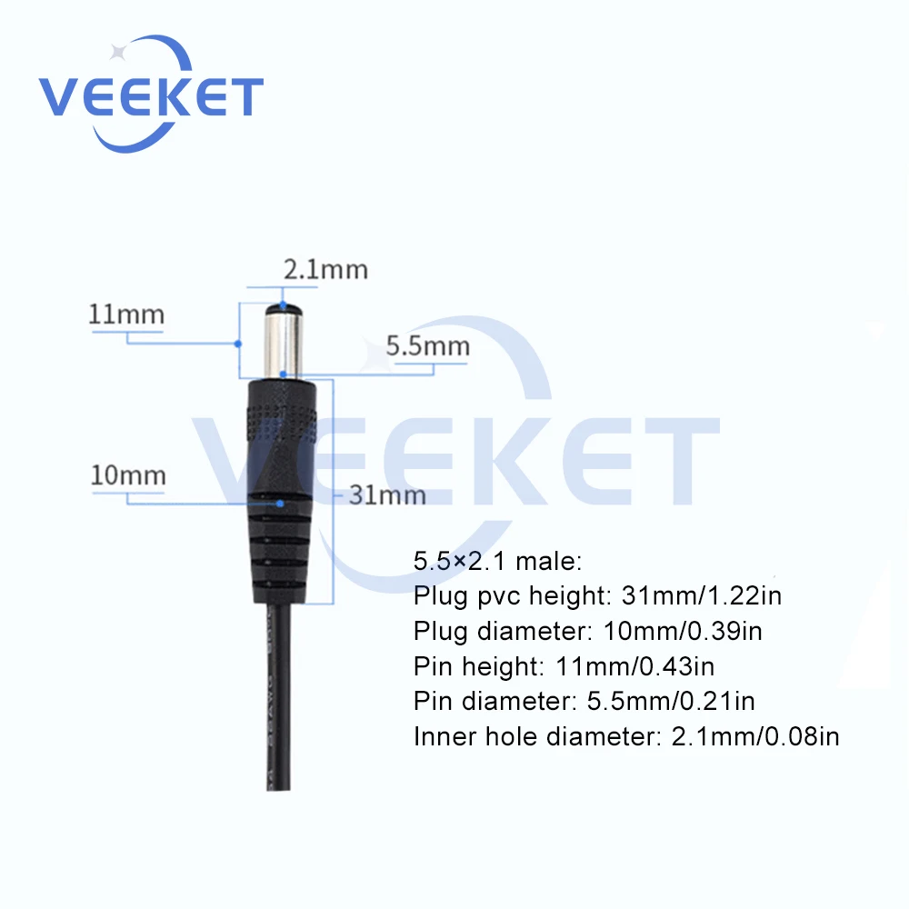 22AWG تيار مستمر 5.5X2.1 تمديد سلك كابل الطاقة 0.5 متر/0.25 متر/1 متر/2 متر ذكر إلى ذكر موصل وصلة كابل سلك PVC أسود