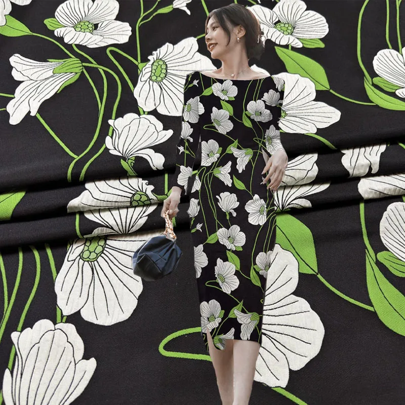 

Black Background White Flower Jacquard For Woman's Skirt Fabric Windbreaker Coat Weaving Brocade Dress DIY Cloth Sewing Material