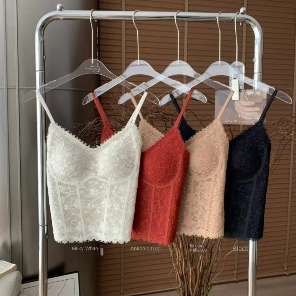 Elegant Retro Lace Floral Women Camisole Sleeveless Slim Camis Tank Tops with Chest Pad Crop Tops