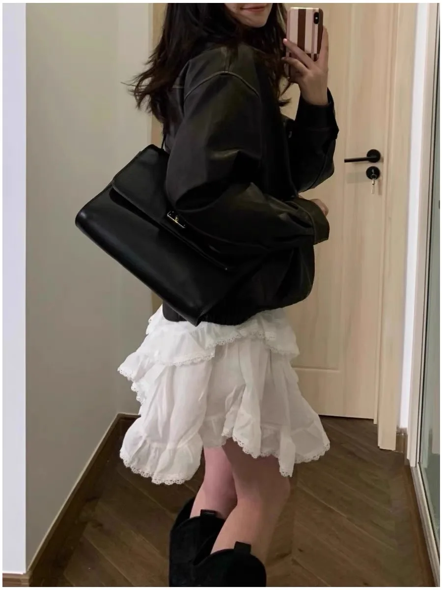 

plus Size Women's Elastic Waist Lace Trim Asymmetrical Gentle Sle Versatile f-length Skirt Korean Sle A-line ort Skirt