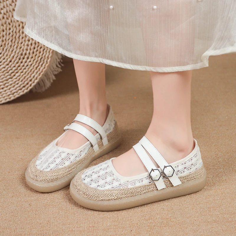 

Women's Shoes Summer 2025 Casual Lace Fabric Mesh Sandals Flats Platform Buckle Grass Weaving Round-toed Shallow Shoes Women