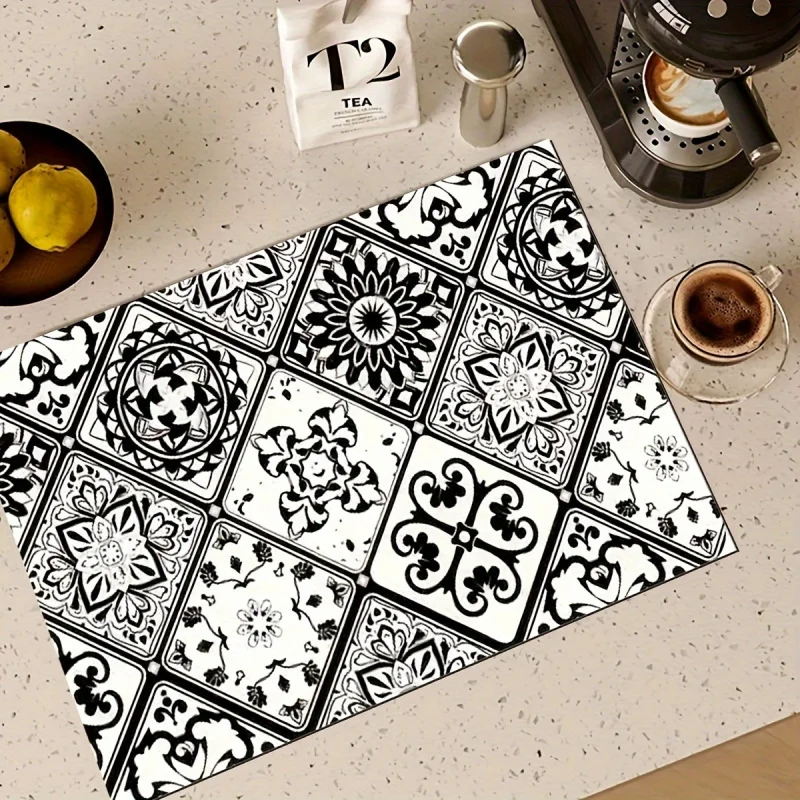 VIKAMA European-style Pattern Coffee Machine Mat Vintage Moroccan Non-slip Draining Mat Kitchen Counter Decoration