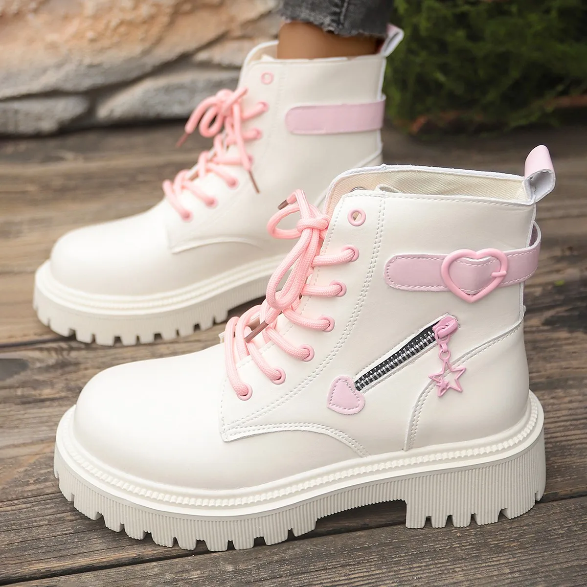 Women Boots Fashion Autumn Winter New Cotton Soft Sole Pink Boots Women Love Side Zip Round-toe Goth Platform Shoes for Women