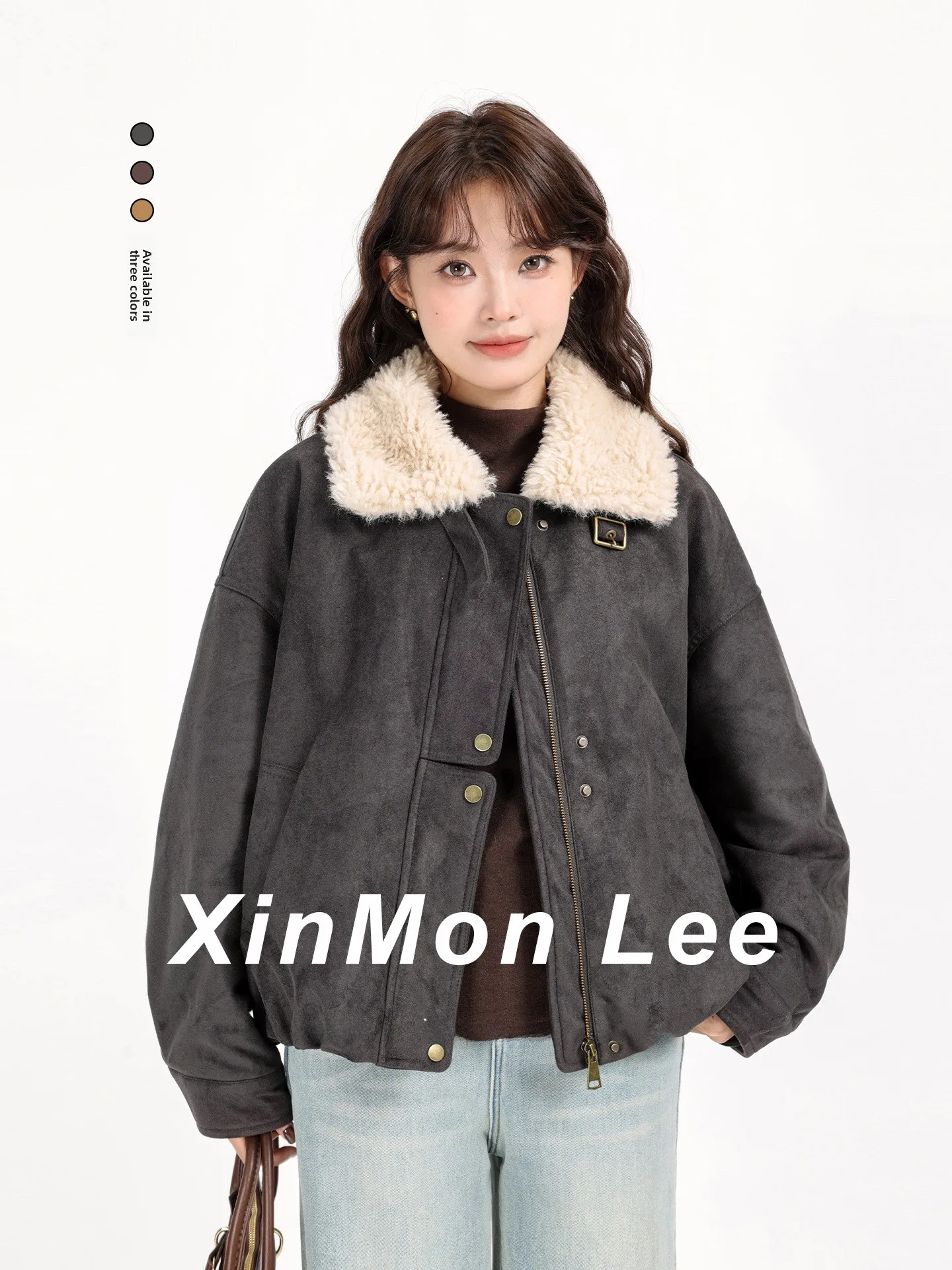 

Korean Sle ort Thiened Lamb Fur Collar Suede Jaet Women's Warm Winter Outerwear Slimming Biker Jaet for Daily Wear